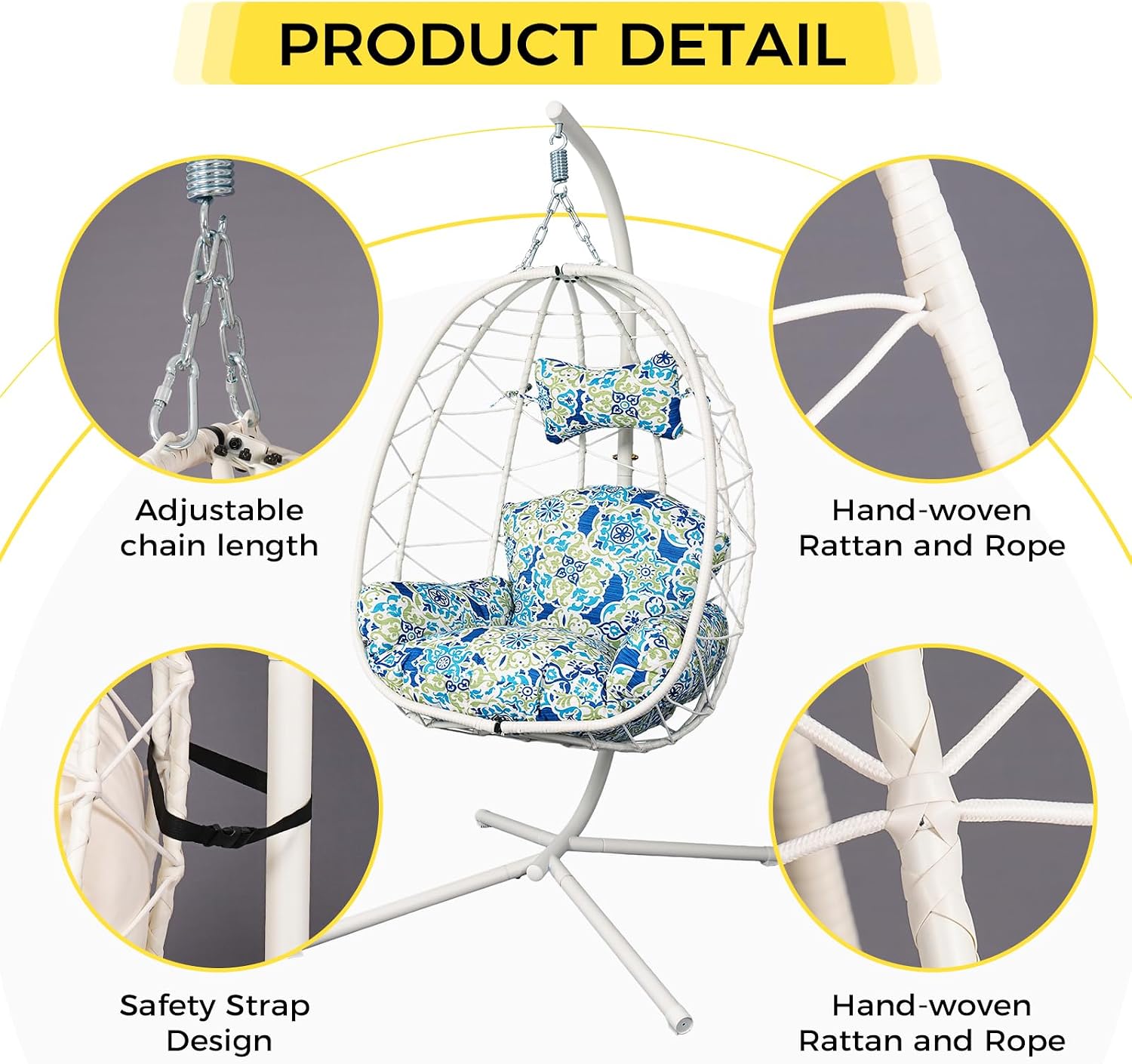 Egg Chair with Stand, Wicker Hanging Chair for Outdoor Patio, Cushioned Hammock Swing for Bedroom Garden Indoor/Outdoor, Double-Zipper Structure Hanging Egg Chair (White and Moroccan)