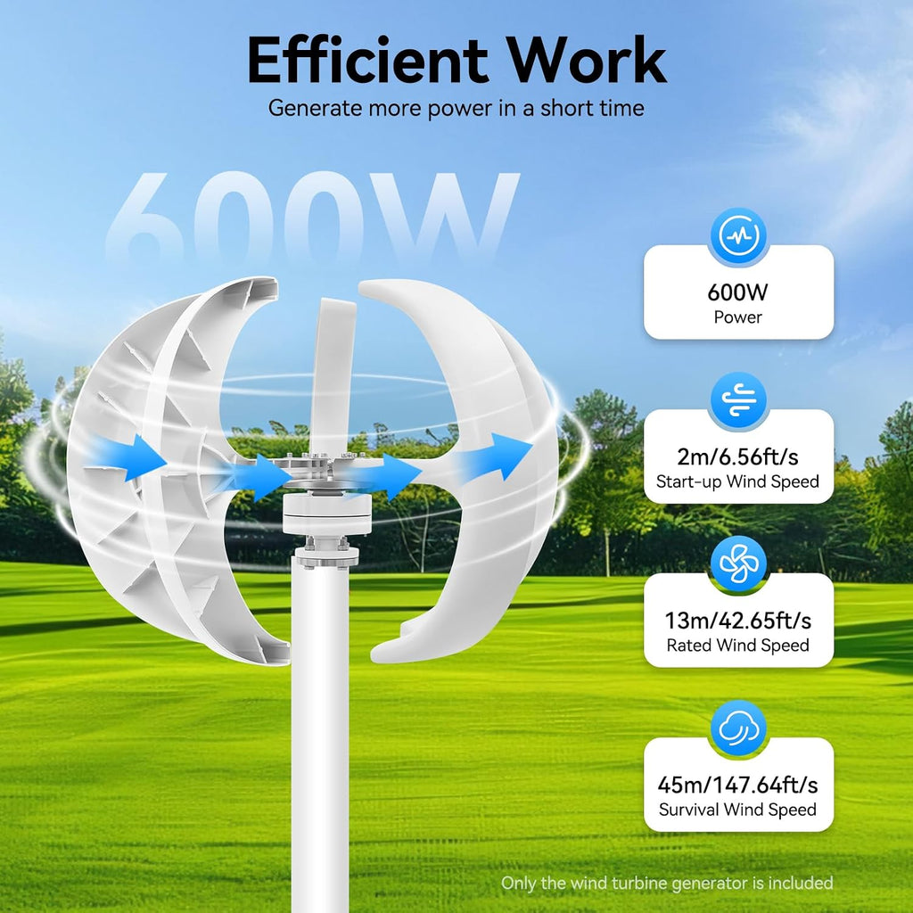 600W Wind Turbine Generators Kit, 24V 5 Blades Vertical Axis Wind Power with Controller, 5 Blades Lantern Motor Vertical Axis Windmill for Home, Camping, -40～80℃ Working Temperature