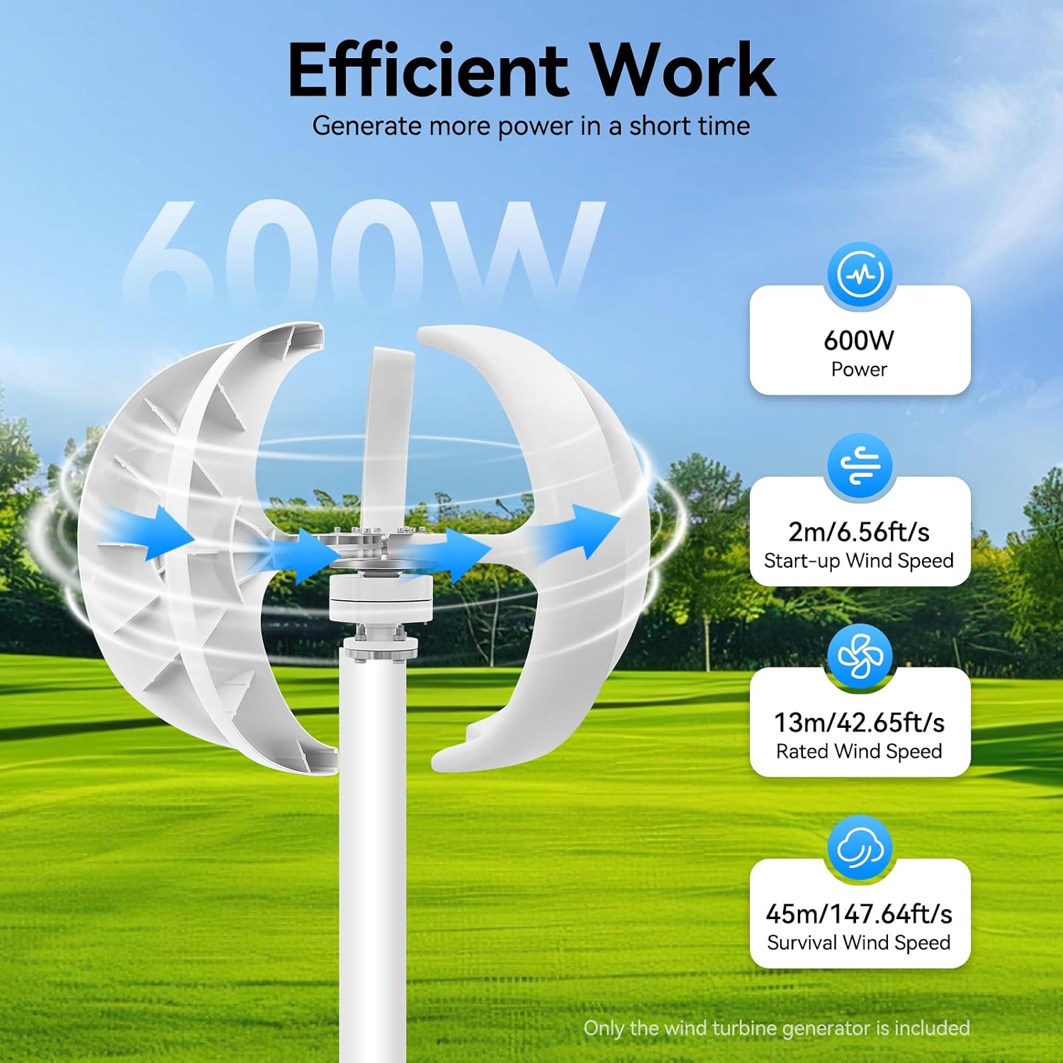 600W Wind Turbine Generators Kit, 24V 5 Blades Vertical Axis Wind Power with Controller, 5 Blades Lantern Motor Vertical Axis Windmill for Home, Camping, -40～80℃ Working Temperature