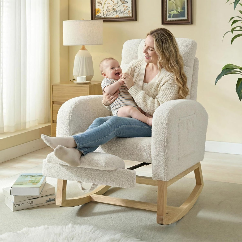 NIOIIKIT Modern Nursery Rocking Chair, Teddy Upholstered Rocking Chair with Footrest, Comfortable Rocker Chair with Side Pocket, Rocker Chair for Living Room, Bedroom, Nursing Room (White)