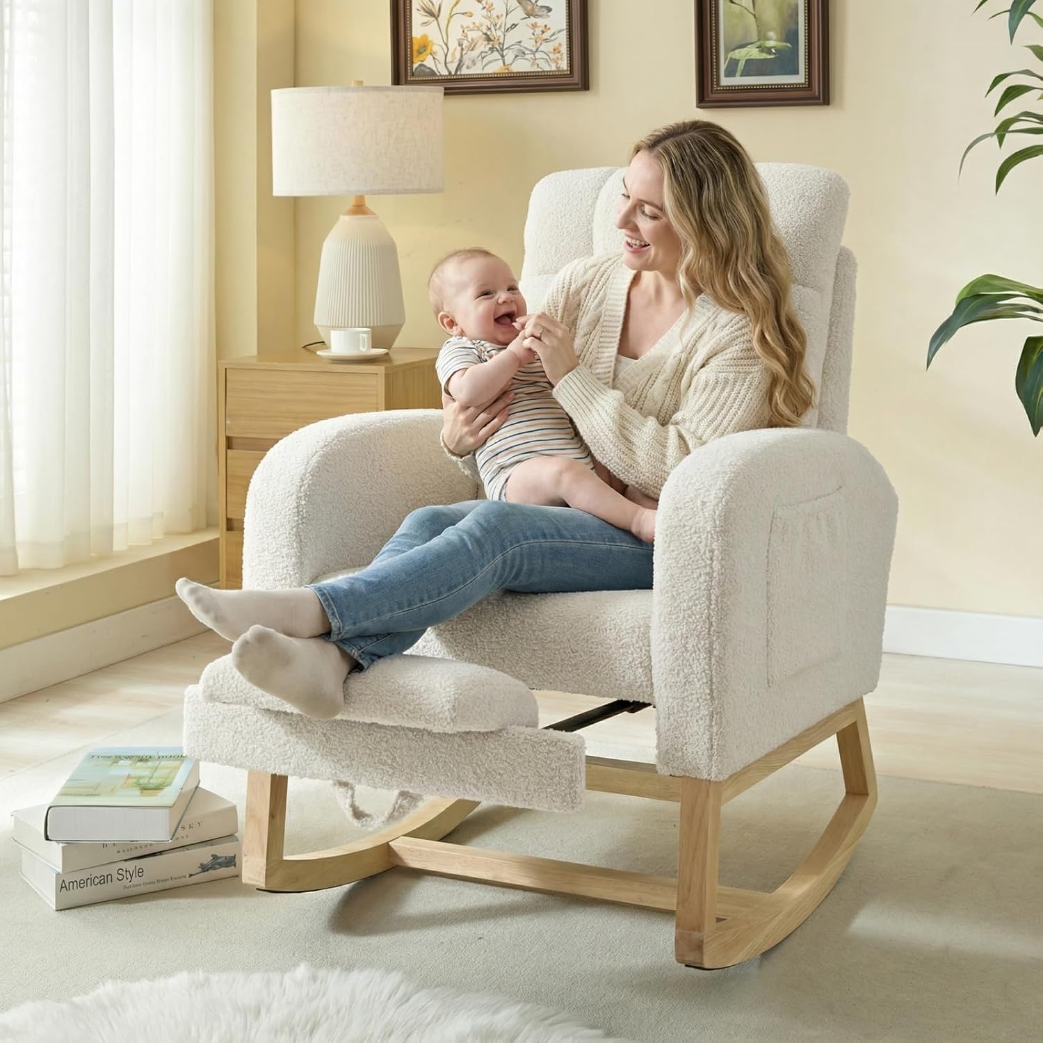 NIOIIKIT Modern Nursery Rocking Chair, Teddy Upholstered Rocking Chair with Footrest, Comfortable Rocker Chair with Side Pocket, Rocker Chair for Living Room, Bedroom, Nursing Room (White)