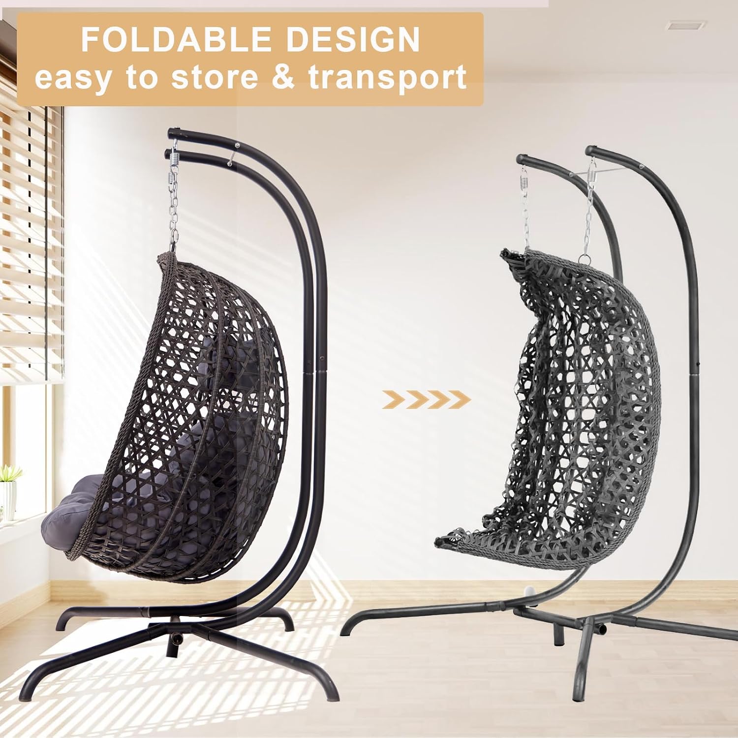 Double Hanging Swing Egg Chair with Stand, Hexagon Wicker Hammock Swing Chair for Outdoor Garden Patio, 2 Person Egg Chair with Foldable Loveseat Removable Cushions (Dark Grey)