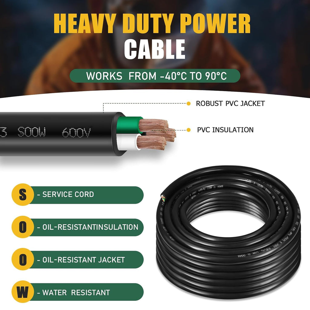 200ft 10/3 10 AWG Portable Power Cable (3 Conductor) - SOOW 600V 10 Gauge Electric Wire for Generator, Portable Lights, RV/EV Car Battery Chargers and Machinery - 200 Feet Electrical Cord