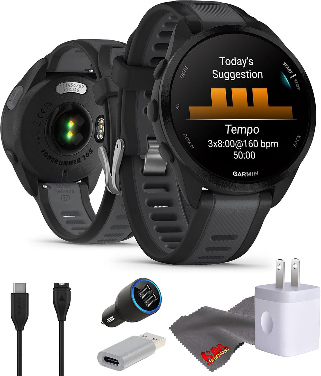 Garmin Forerunner 165 Music GPS Running Smartwatch, Fitness Tracker Smart Watch for Men and Women Bundle with Accessories - Black/Slate Gray