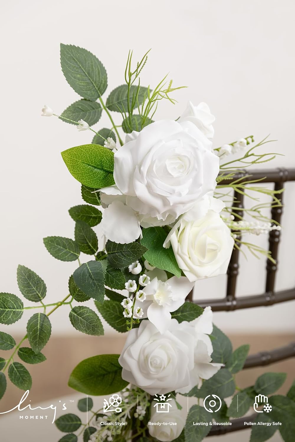 Ling's Moment 10pcs Wedding Chair Decorations Aisle Floral Swag Artificial Pew Flowers Hanging Garland Lily White & Olive For Ceremony Reception Church Rose Floral Faux Arrangement Party Outdoor Decor
