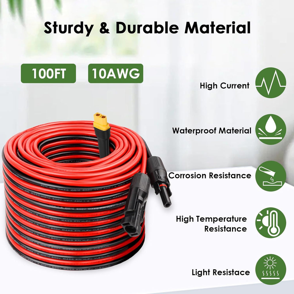 MOOKEERF Solar to XT60 Extension Cable 10AWG 100FT Solar Connector to XT60 Adapter Cable for Solar Panel to Portable Power Station Solar Generator Battery Pack
