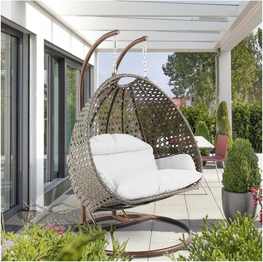 LeisureMod 2 Person Wicker Egg Chair Outdoor Indoor Bedroom Patio Hanging Lounge Swing Hammock Chairs with White Stand and UV Resistant Cushions (White)