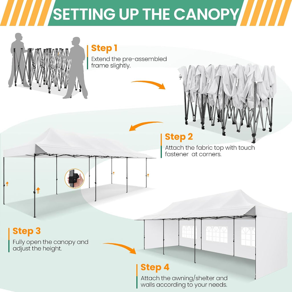 COBIZI 10x30 Pop Up Canopy Tent with Awning & Sidewalls, Heavy Duty Commercial 10X30 Canopy Tents Instant Waterproof, UPF 50+ Sun Shade for Outdoor, Parties, Markets (White)