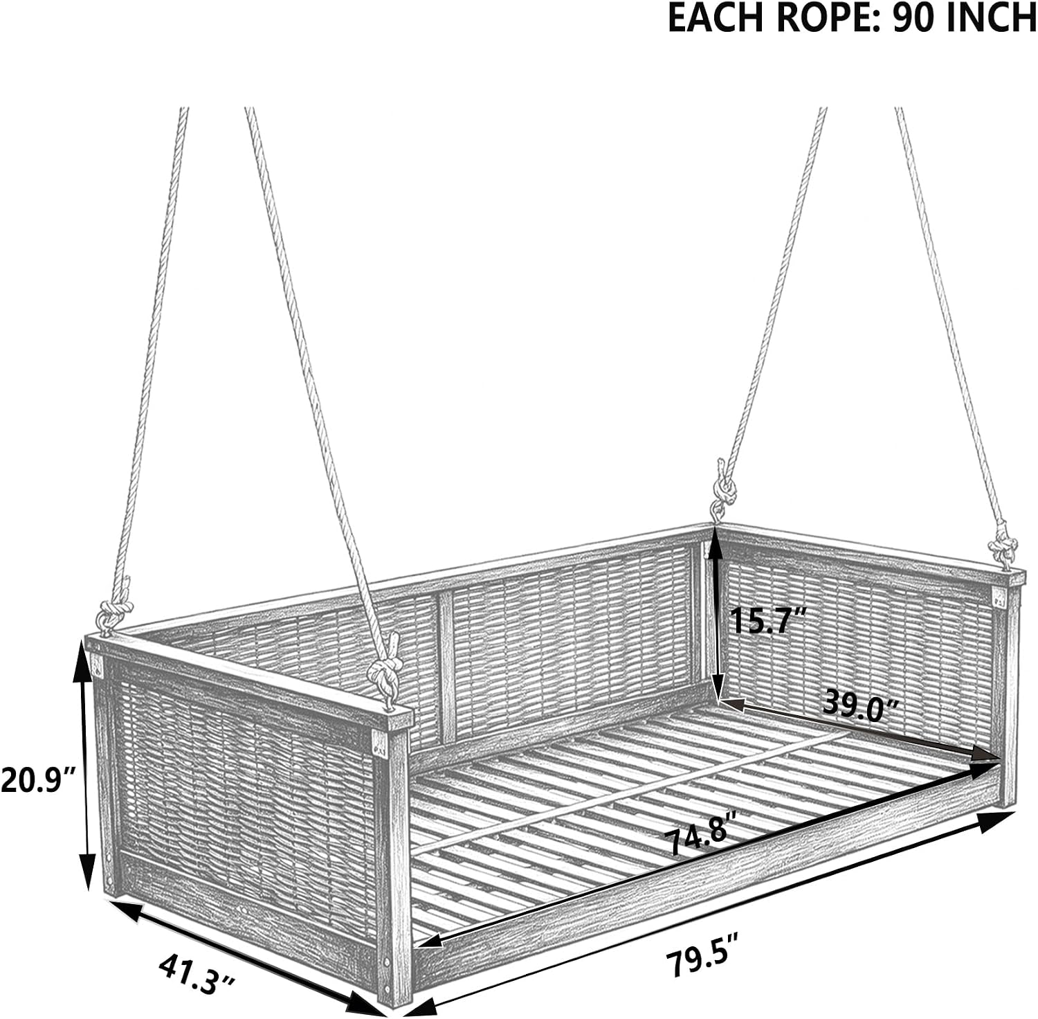 Acacia Wood & Rattan Twin Size Outdoor Swing Bed with Hanging Ropes - 3 Color Options for Backyard or Porch Relaxation (Light Teak/RR)