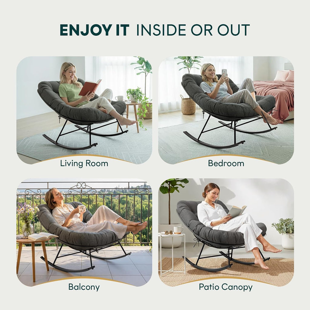 Bme Patio Rocking Chair Outdoor and Indoor, Modern Metal Lounge Rocker with Thick 7'' Cushion, 400lbs Capacity, Ergonomic Design, Easy Assembly, Grey Cushion - Black Matte Rocker