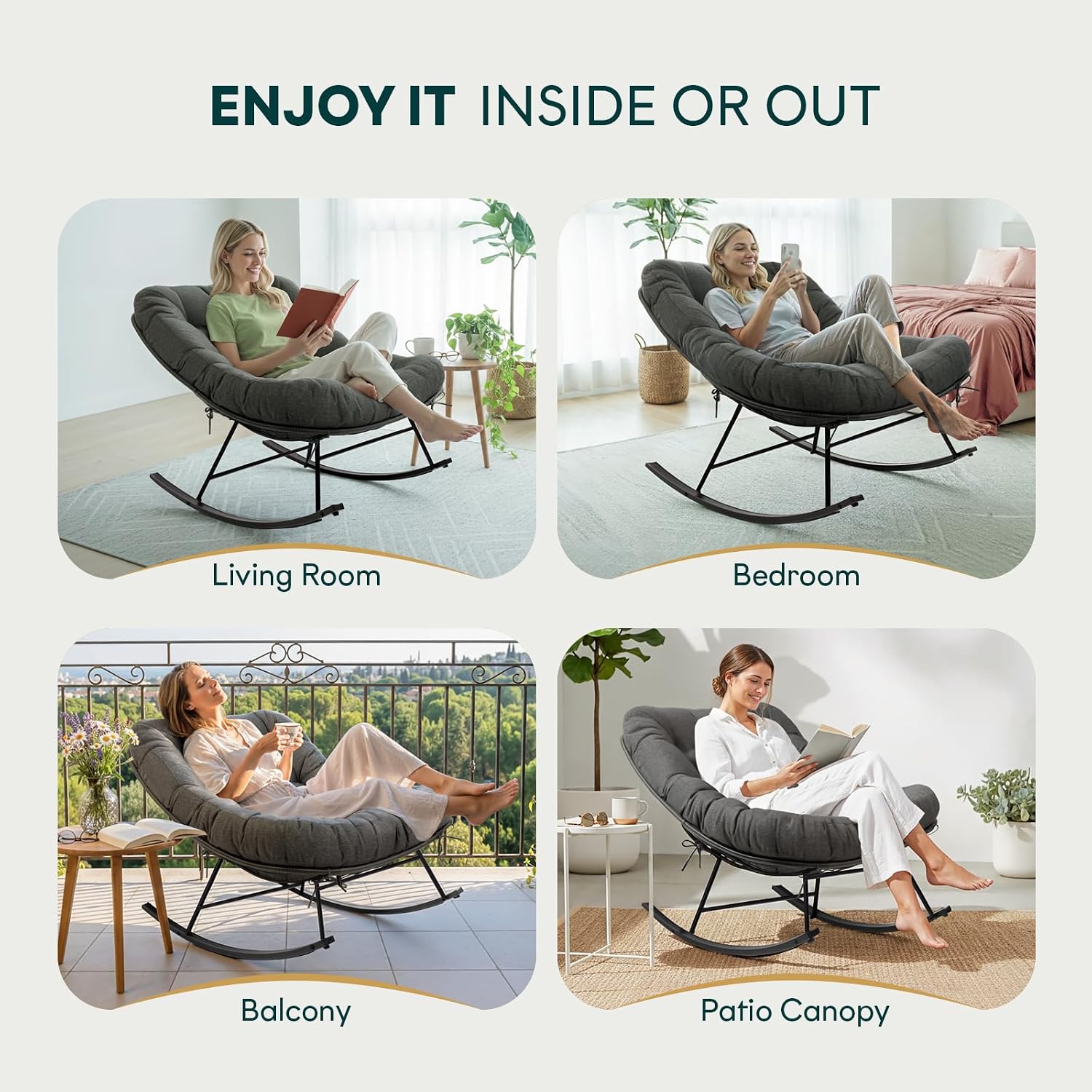 Bme Patio Rocking Chair Outdoor and Indoor, Modern Metal Lounge Rocker with Thick 7'' Cushion, 400lbs Capacity, Ergonomic Design, Easy Assembly, Grey Cushion - Black Matte Rocker