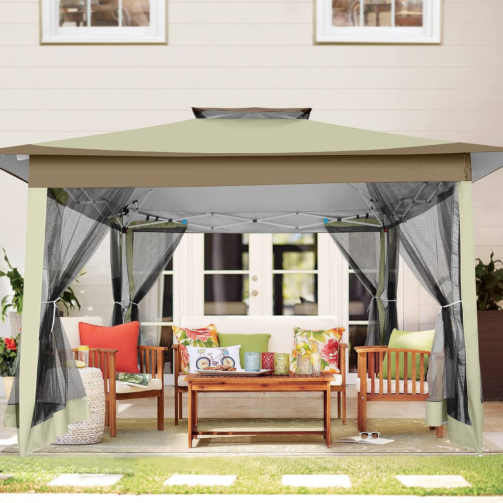 HOTEEL 13x13 Pop Up Gazebo Canopy Tent - Easy Up Outdoor Waterproof Portable Gazebo With Mosquito Nettings, Double Vented Roof and Carry Bag for Patio Garden Lawn (Khaki)