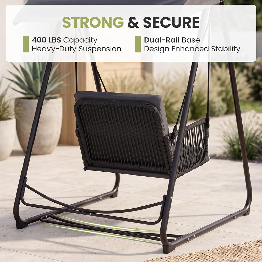 Porch Swing with Stand, Outdoor Swing with Canopy, All Weather Outdoor Swings for Adults, 400lbs Heavy Duty Porch Swings with Removable Cushions, Single Hanging Chair for Small Space, Grey