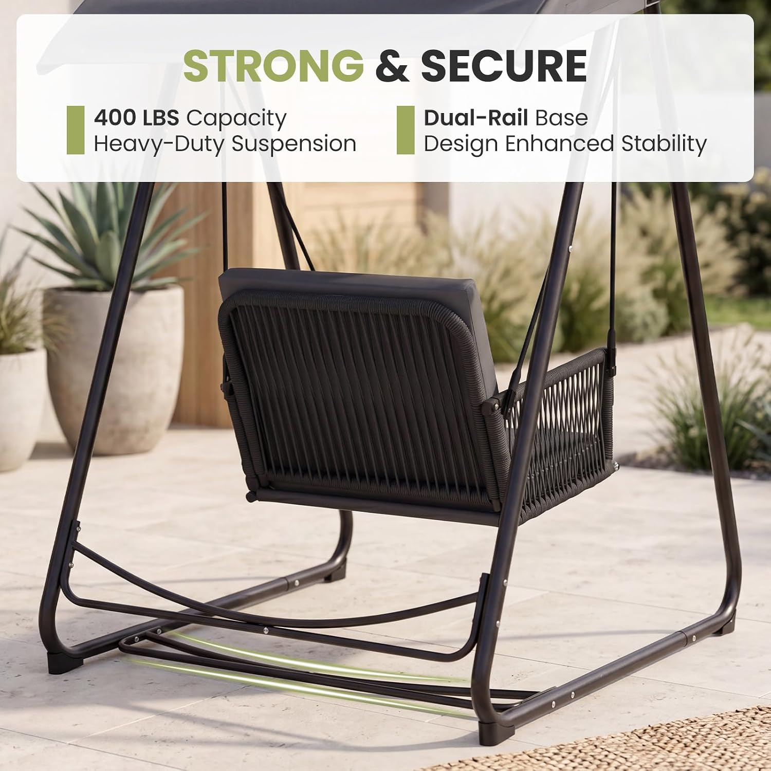 Porch Swing with Stand, Outdoor Swing with Canopy, All Weather Outdoor Swings for Adults, 400lbs Heavy Duty Porch Swings with Removable Cushions, Single Hanging Chair for Small Space, Grey