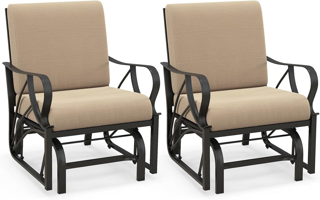 Giantex 2-Pack Outdoor Glider, Patio Rocking Chair with Thick Cushion, Sturdy Metal Frame, Curved Armrest, Ergonomic Design, Single-Person Glider Chair for Garden, Yard, Porch Rocker, Beige