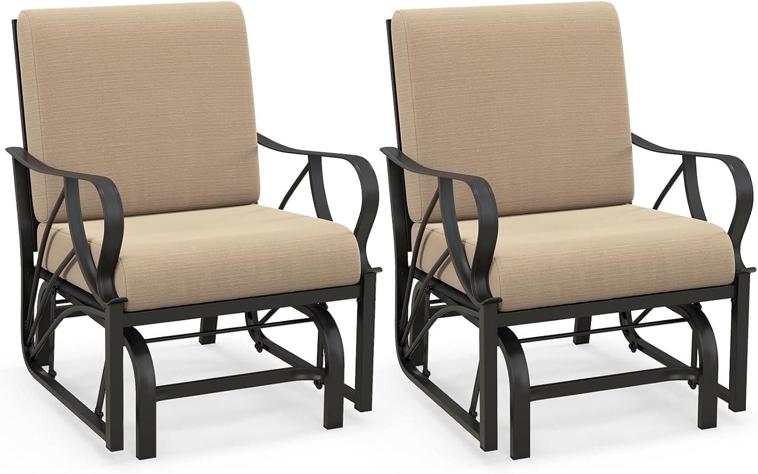 Giantex 2-Pack Outdoor Glider, Patio Rocking Chair with Thick Cushion, Sturdy Metal Frame, Curved Armrest, Ergonomic Design, Single-Person Glider Chair for Garden, Yard, Porch Rocker, Beige