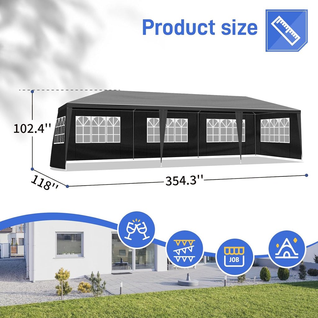 Party Tent for Outdoor Wedding, Birthday, Event, Patio - Gazebo Carport Canopy Shade With Removable Sidewalls & Transparent Window (10'x30'/8 Sidewalls Black)