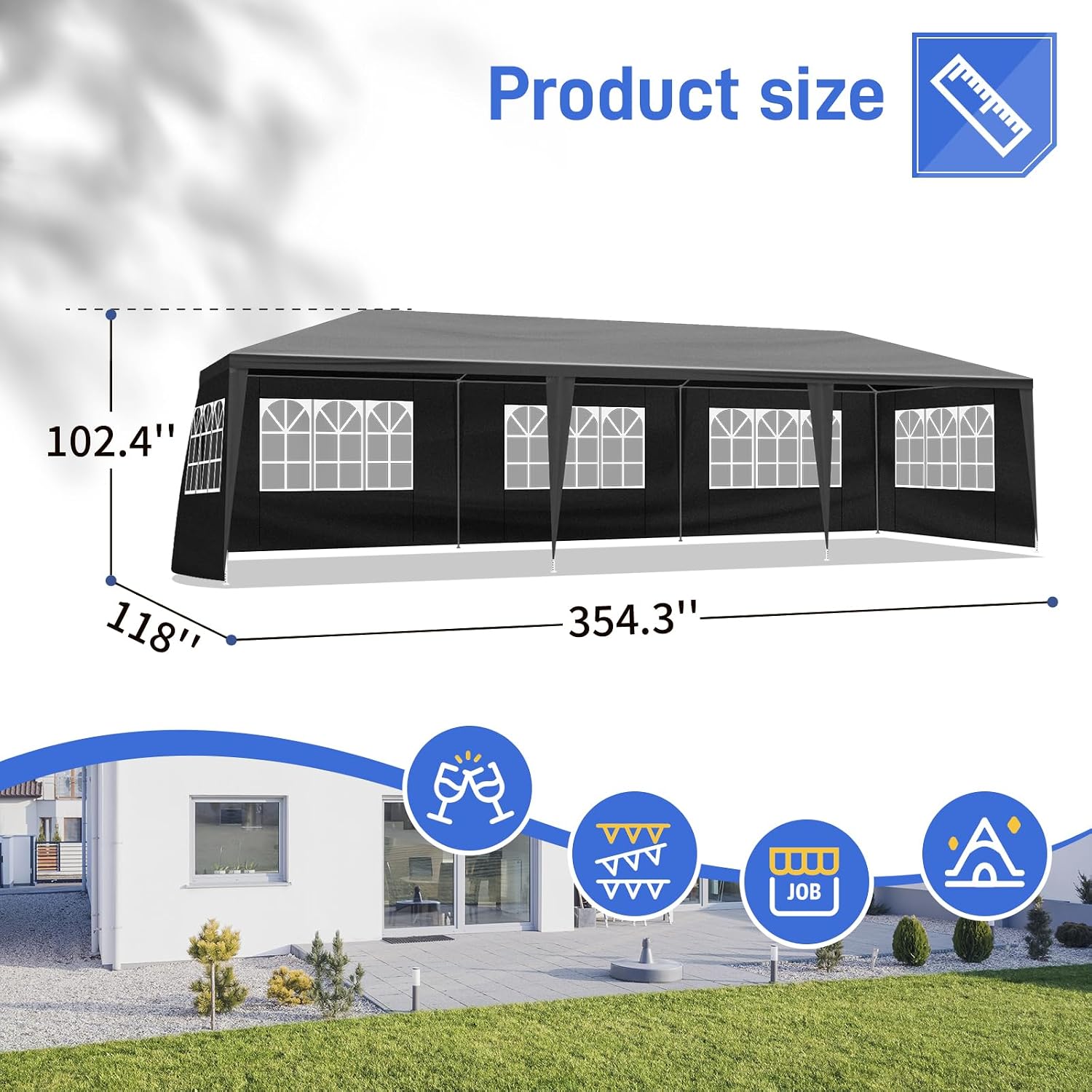 Party Tent for Outdoor Wedding, Birthday, Event, Patio - Gazebo Carport Canopy Shade With Removable Sidewalls & Transparent Window (10'x30'/8 Sidewalls Black)