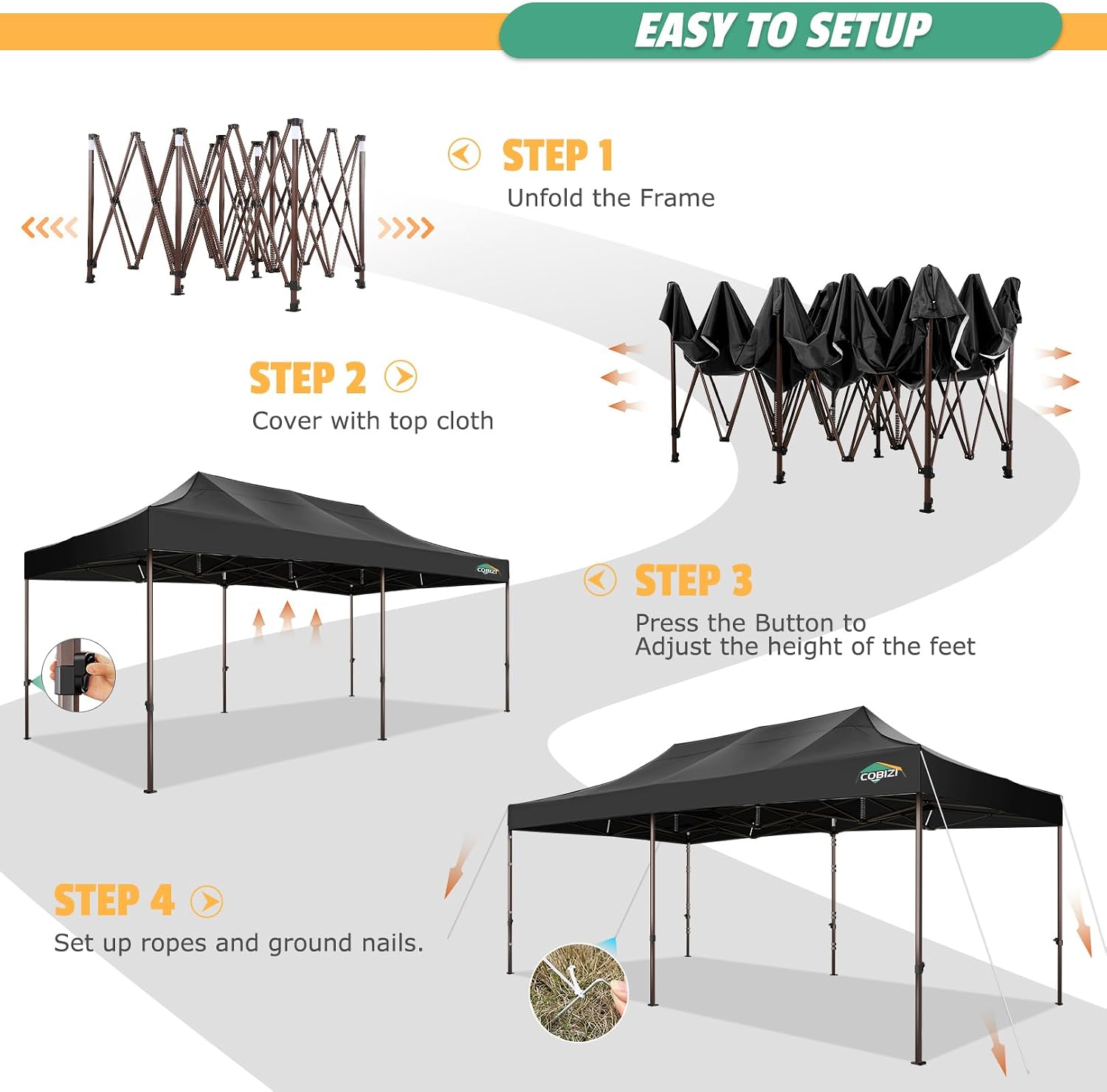 COBIZI 10x20 Pop Up Canopy Heavy Duty Without Sidewalls, Commercial Heavy Duty Pop Up Tent for Parties All Weather Waterproof and UV 50+ Wedding Tent with Roller Bag(Legs Upgraded),Black