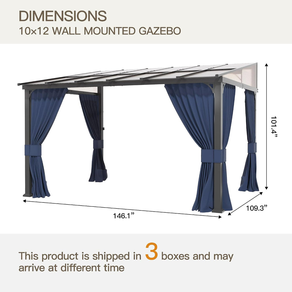 10' x 12' Gazebo for Patio,Wall Mounted Gazebo with Sloping Polycarbonate Roof,Aluminum Frame Outdoor pelgole w/Netting & Curtain for Garden,Deck,Backyard,NavyBlue