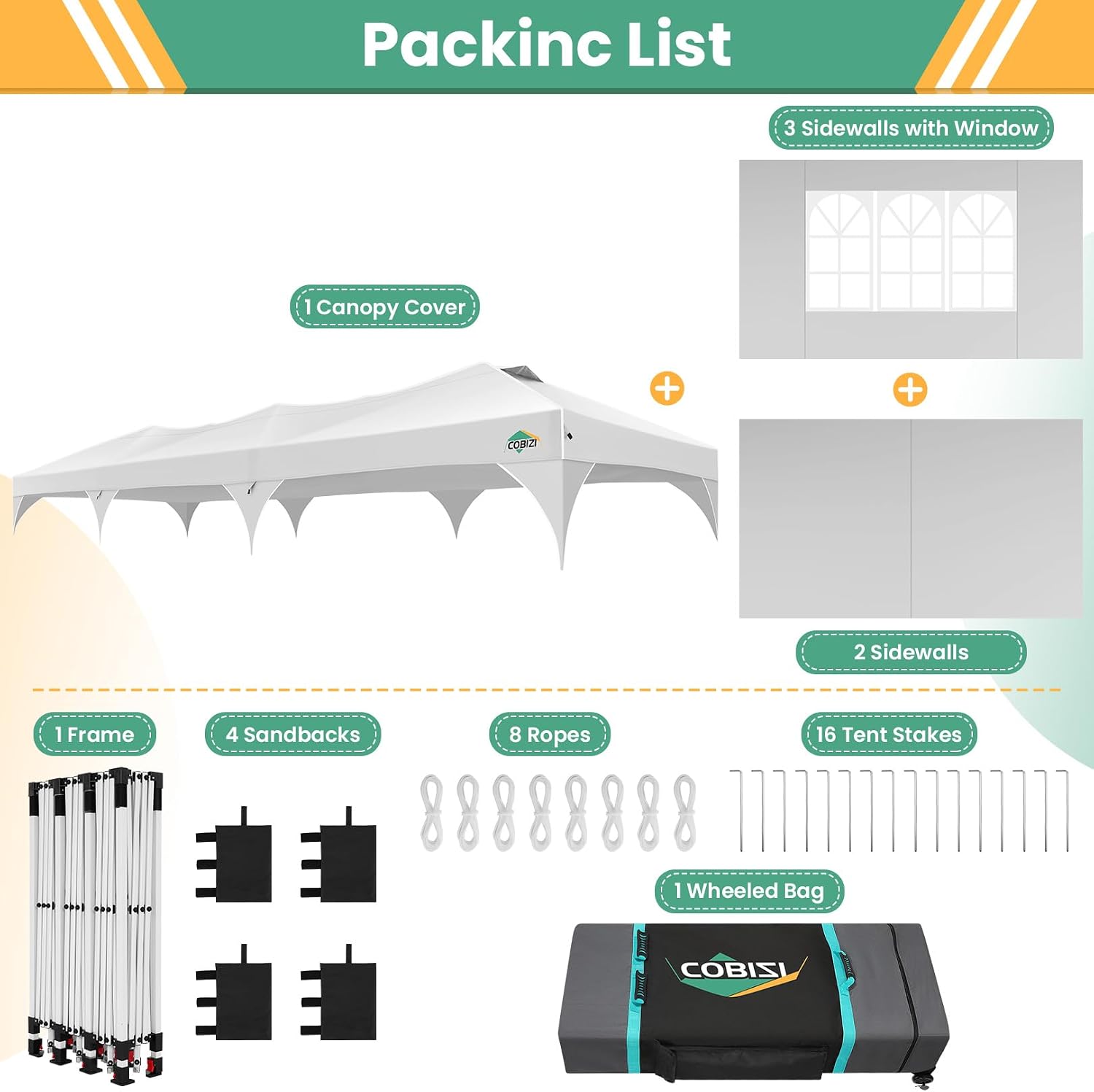 COBIZI 10x30 Pop Up Canopy Tent, Outdoor Party Tent with 5 Sidewalls, 1 Person Easy Set up, Tents for Parties with Fluorescent Strip & 4 Sandbags, Waterproof UPF50+, 3 Adjustable Height, White