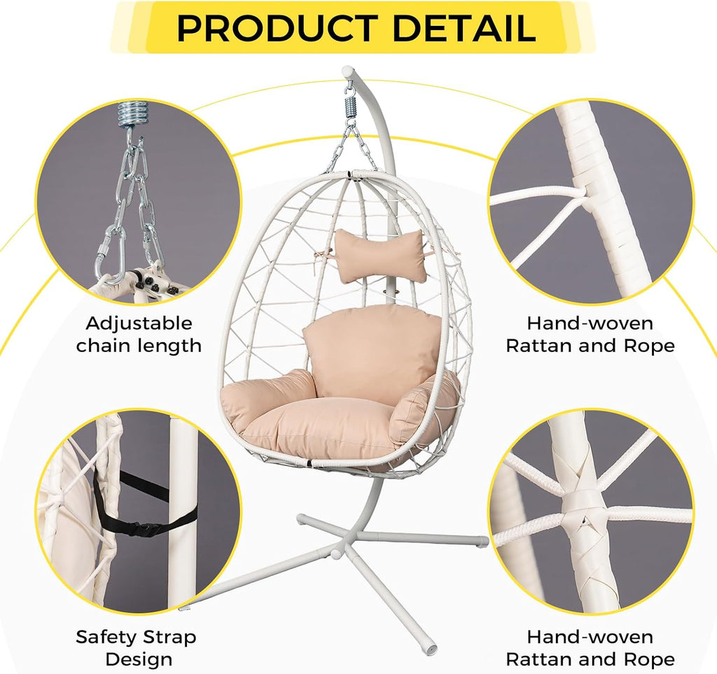 Egg Chair with Stand, Wicker Hanging Chair for Outdoor Patio, Cushioned Hammock Swing for Bedroom Garden Indoor/Outdoor, Double-Zipper Structure Hanging Egg Chair (White and Beige)