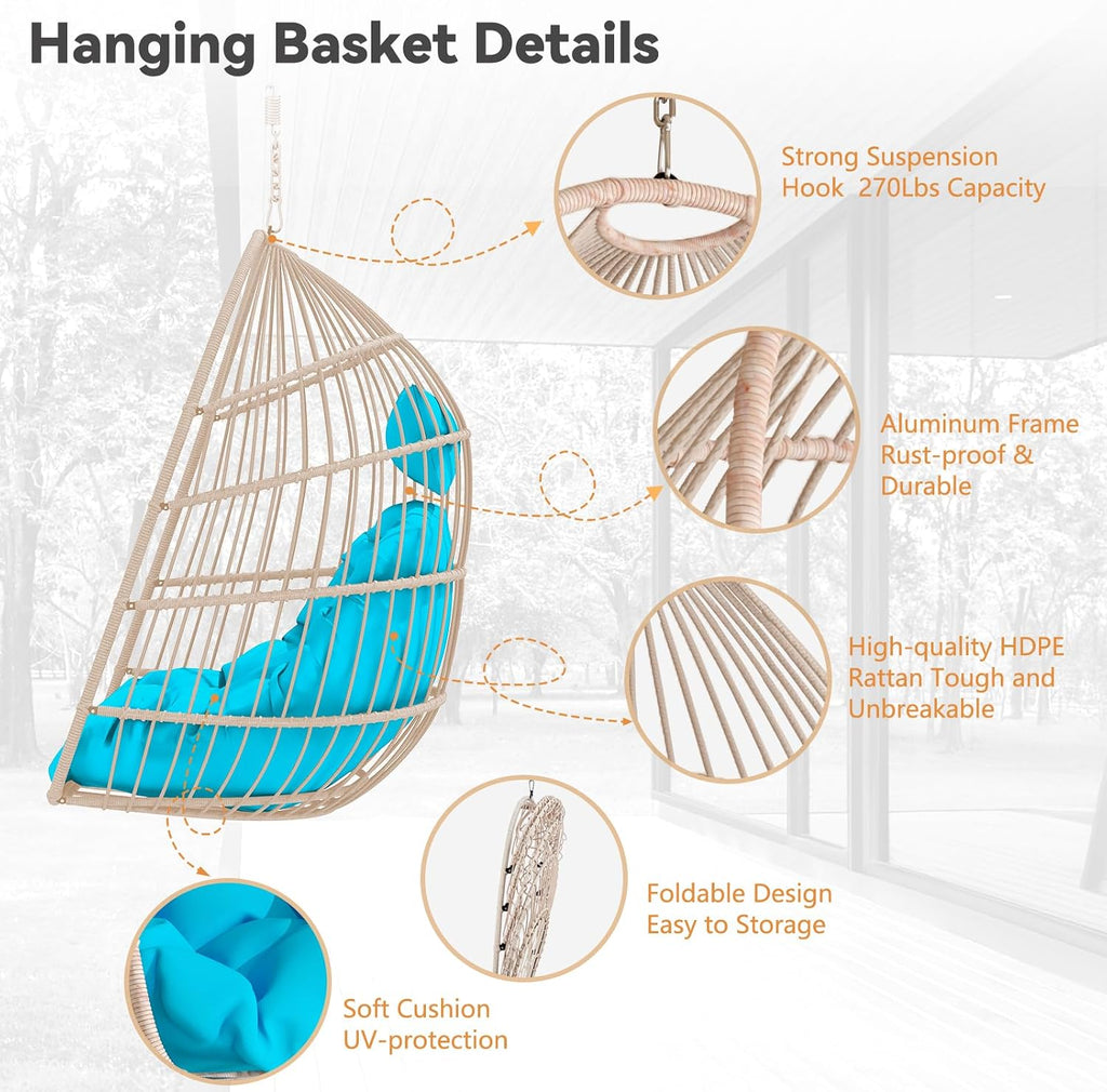 Hanging Egg Chair with Pillow, HDPE Rattan Foldable Swing Chair with Aluminum Frame & UV Resistant Cushion, Hammock Egg Basket Without Stand for Indoor Outdoor, 350Lbs Capacity (Blue Cushion)