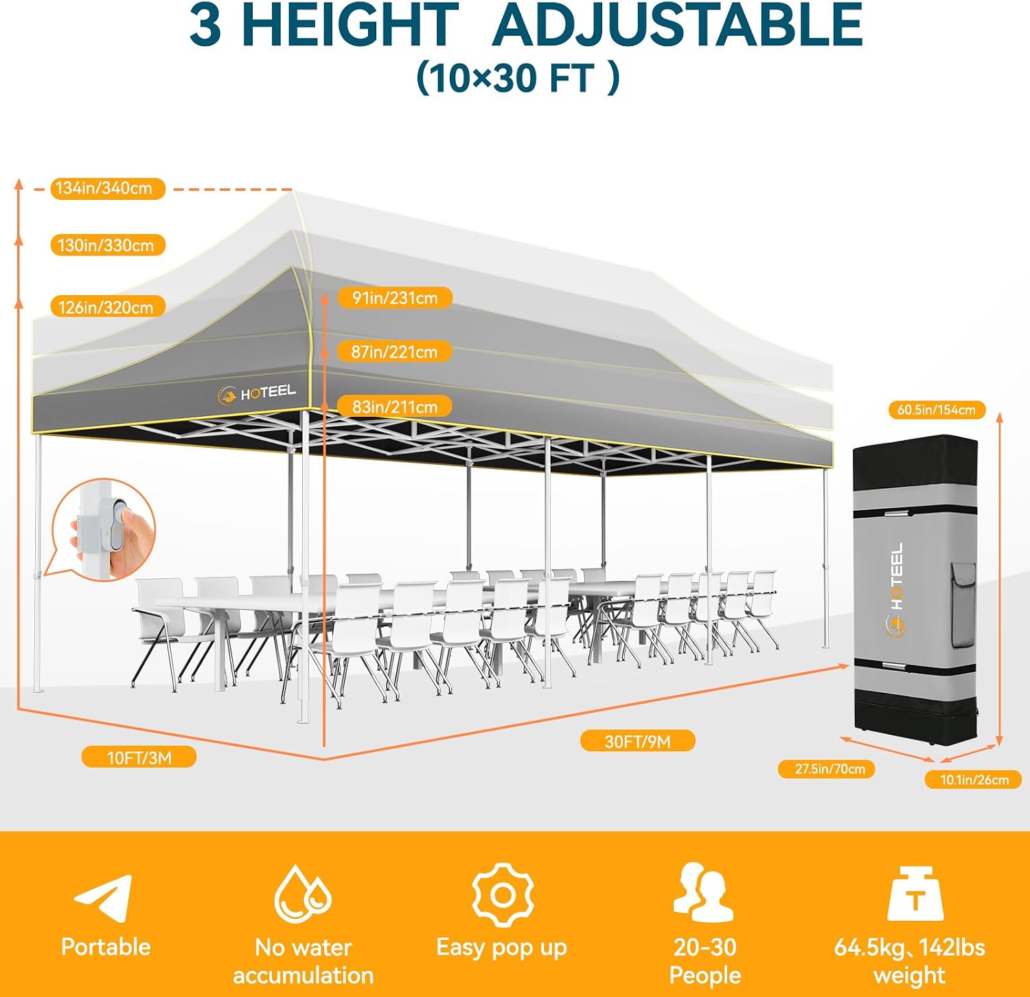 Hoteel 10x30 Pop Up Canopy Heavy Duty Without Sidewall, Waterproof Outdoor Event Tents, Easy Set-up Instant Tent with Hand Bag, Rope & Nail, Hexagonal Leg (1-Year Warranty,Upgrade)