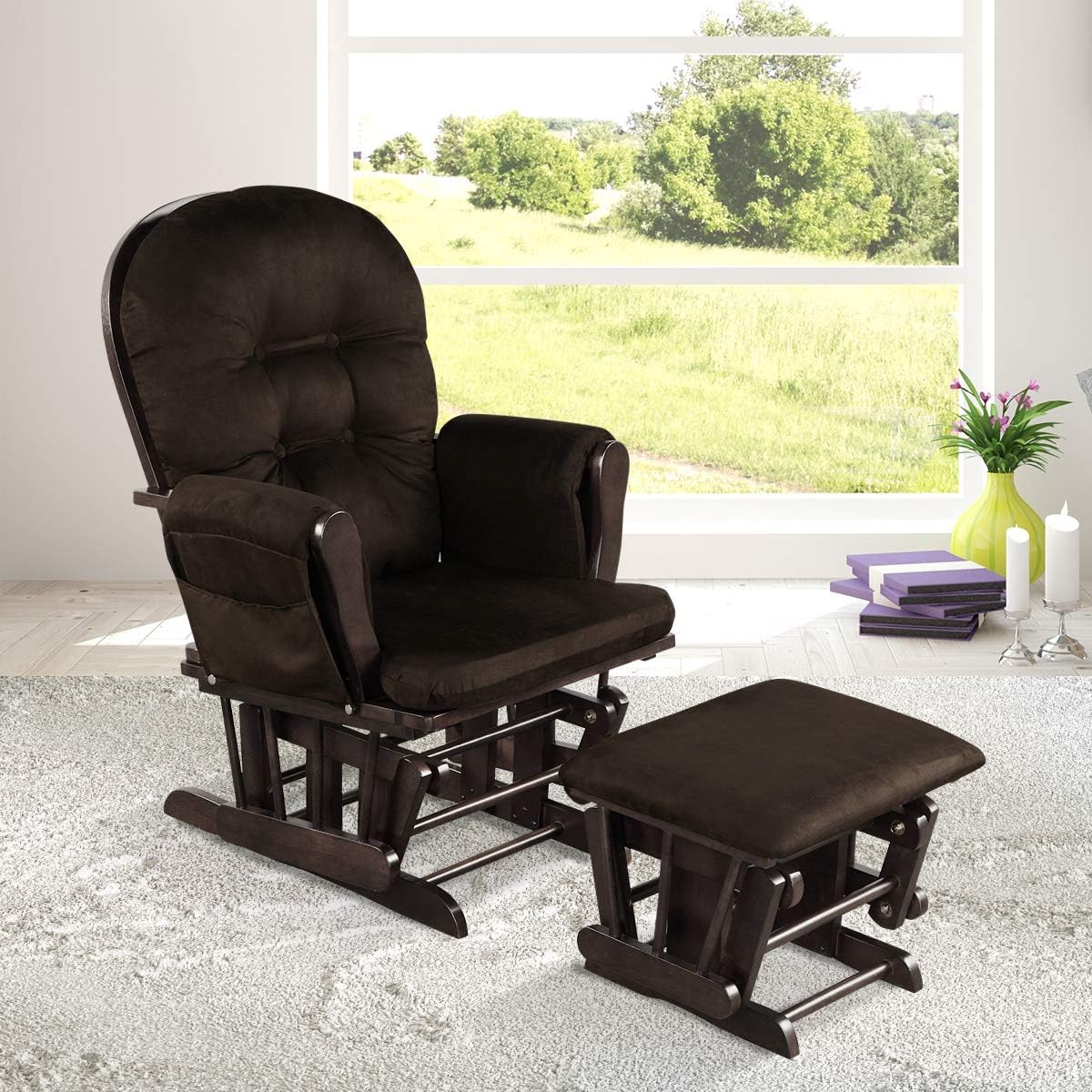 Costzon Nursery Glider with Ottoman, Upholstered Comfort Glider Rocker with Padded Cushion, Storage Pocket, Solid Wood Base, Rocking Chair Nursery for Breastfeeding, Napping (Brown)