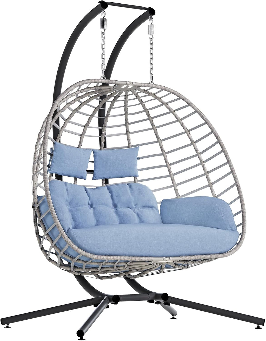 SWITTE Double Egg Swing Chair with Stand, Outdoor Patio 2 Person Hanging Wicker Hammock Chairs with Cushion for Indoor Bedroom, Lawn, Garden-Light Blue