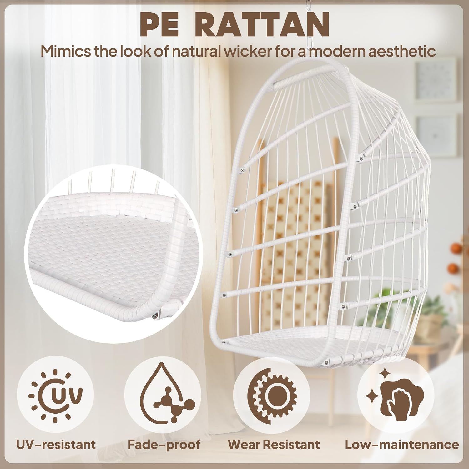 Chihee Egg Chair Foldable Wicker Rattan Hanging Swing Chairs Indoor Outdoor Patio Wicker Chair Hammock Chair with Stainless Steel Hanging Kit Chain Link UV Resistant Cushion Bedroom Balcony
