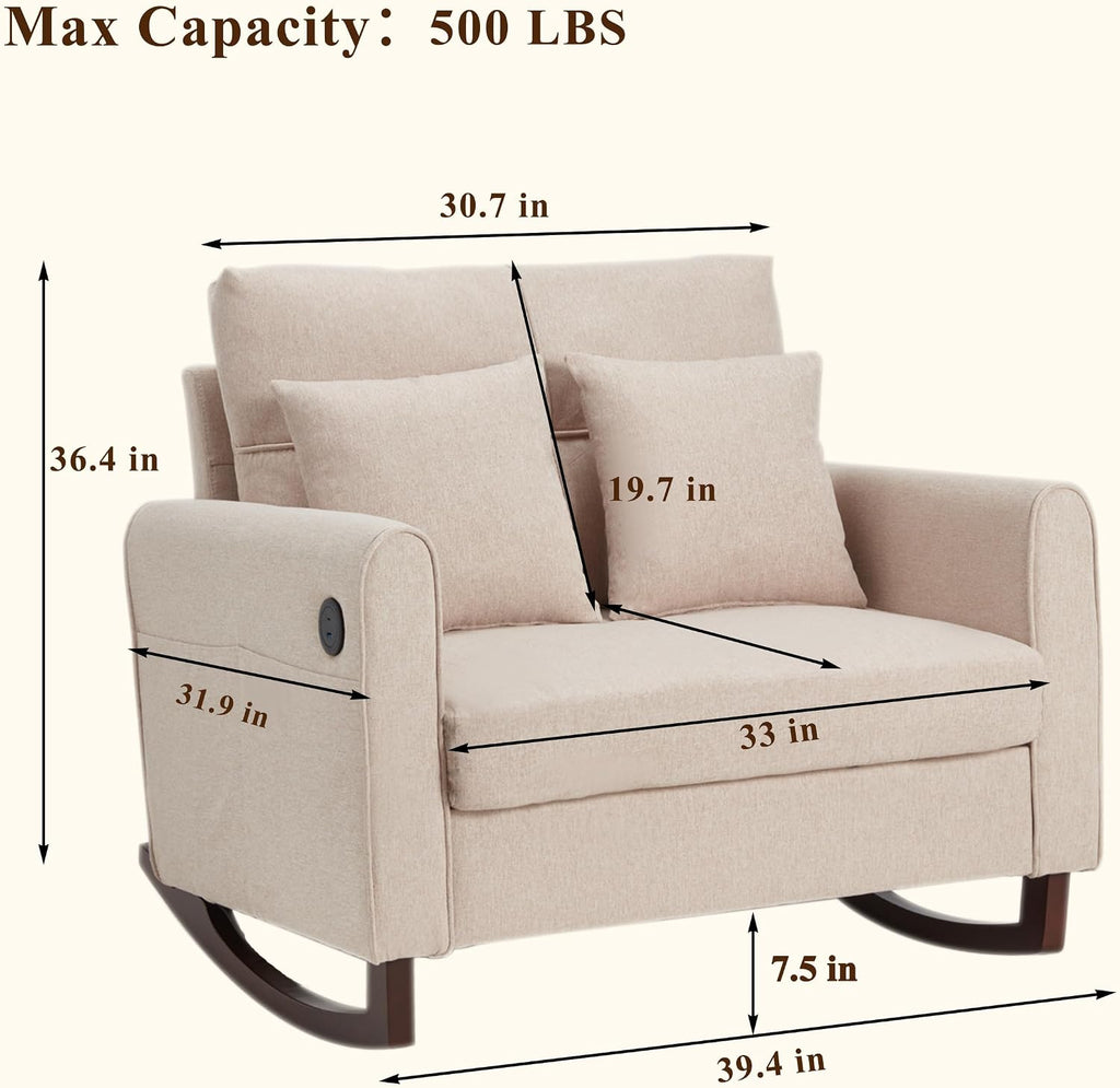 HOMREST Rocking Chair, Upholstered Nursery Rocking Chair with High Back and Side Pocket USB Port, Double Wide Rocker Glider Chairs with Wood Legs for Living Room, Bedroom, Nursery, Beige