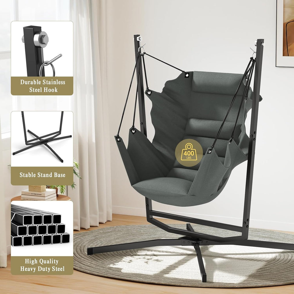 360° Swivel Hammock Swing Chair with Stand - Comfortable Hanging Chair with Cushions (400 lbs Capacity) for Indoor/Outdoor Use - Perfect for Bedroom, Patio, Porch, Deck, Garden, Balcony