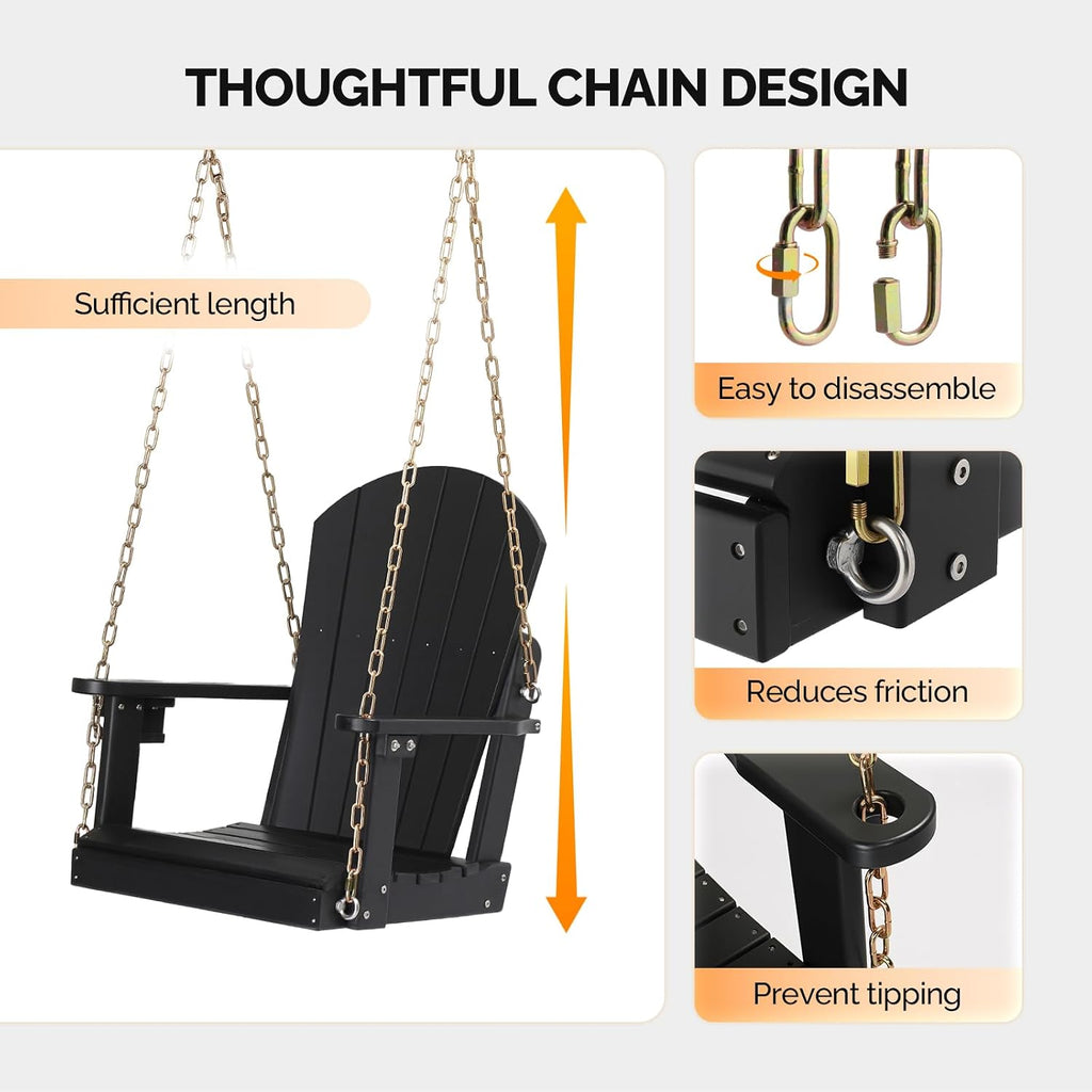VINGLI Heavy Duty 880 LBS HDPE Porch Swing Outdoor with Rotatable Cup Holder, 1-Person Patio Hanging Swing with Adjustable Chains, Scalloped Backrest for Porch, Yard, Tree, Garden (Black)