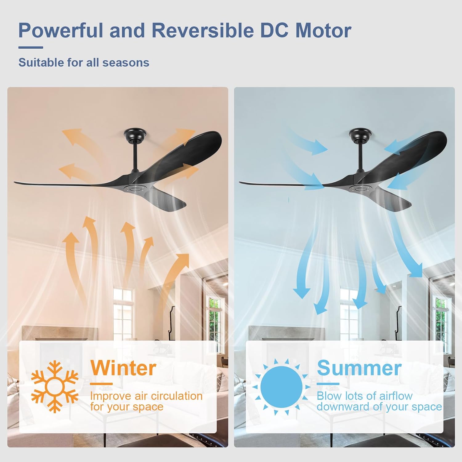 52'' Solid Wood Ceiling Fan without Light,Modern Black Ceiling Fans with Remote Control,Quiet and Reversible DC Motor,Outdoor Ceiling Fan for Garage,Porch,Living Room,Bedroom
