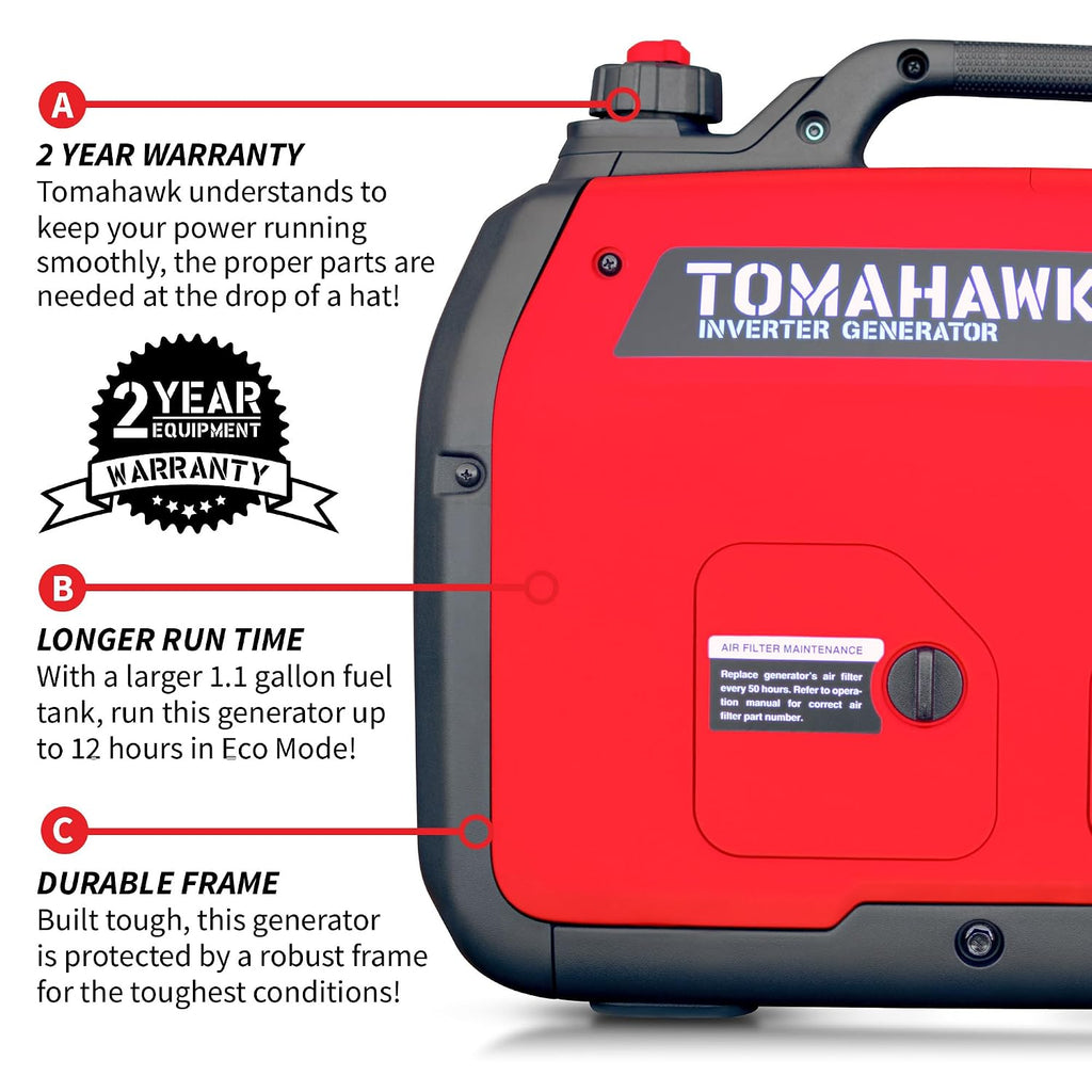 TOMAHAWK 2000 Watt Inverter Generator Super Quiet Portable Power For Residential Home Use 120V and USB Outlet Panel