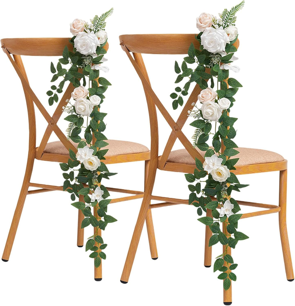 10pcs Wedding Aisle Decorations Chair Floral Swag Artificial Pew Flowers Hanging Garland White & Champagne for Ceremony Reception Church Rose Floral Faux Arrangement Party Outdoor Garden Decor