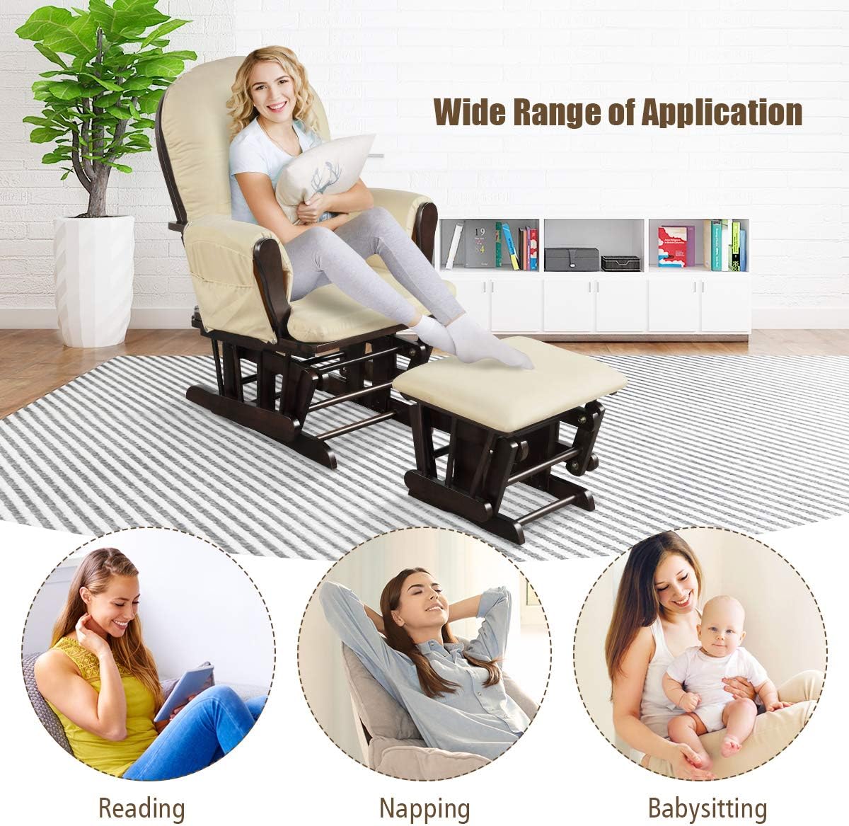 Costzon Nursery Glider with Ottoman, Upholstered Comfort Glider Rocker with Padded Cushion, Storage Pocket, Solid Wood Base, Rocking Chair Nursery for Breastfeeding, Napping (Beige)