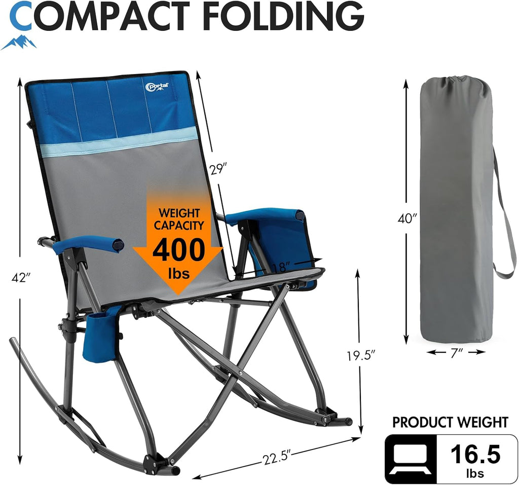 Portal Oversized Folding Rocking Camping Chair Portable Outdoor Rocker with High Back Hard Armrests Carry Bag, Supports 400 lbs, Padded Back, Grey&Blue,2Pack