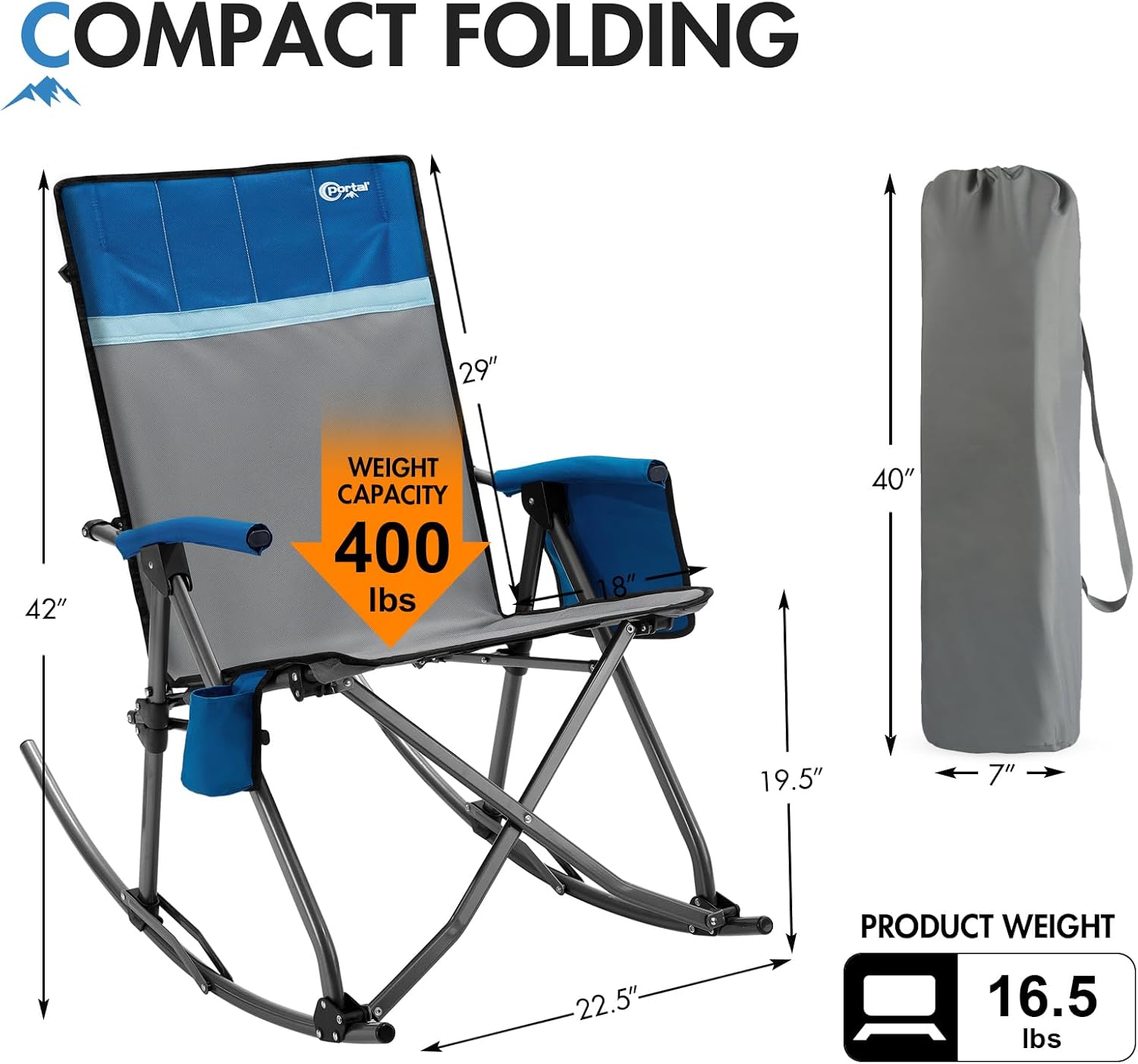 Portal Oversized Folding Rocking Camping Chair Portable Outdoor Rocker with High Back Hard Armrests Carry Bag, Supports 400 lbs, Padded Back, Grey&Blue,2Pack