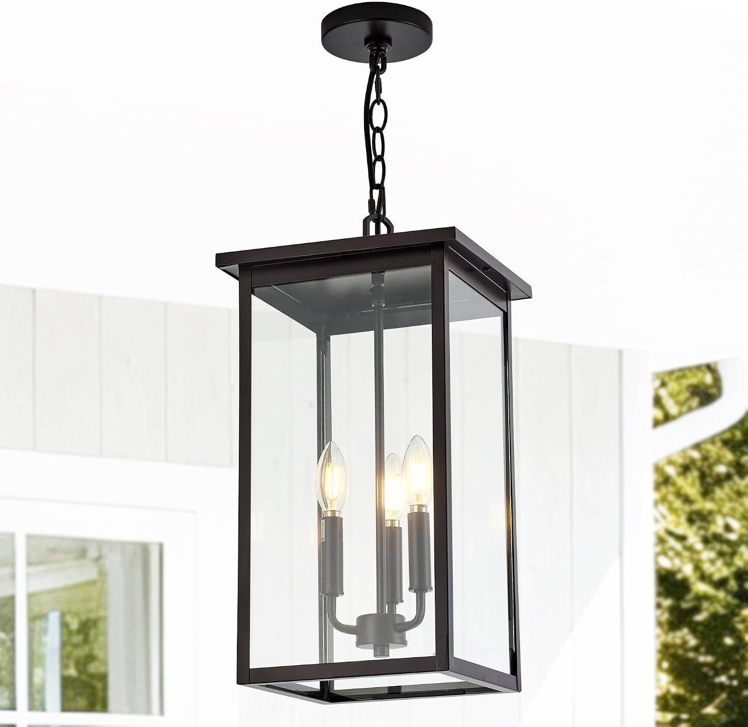 Large Outdoor Pendant Light Fixtures, Oil Rubbed Bronze 3-Lights Outdoor Ceiling Hanging Lanterns with Clear Glass, Exterior Gazebo Light for Patio, Porch, Yard, Gara