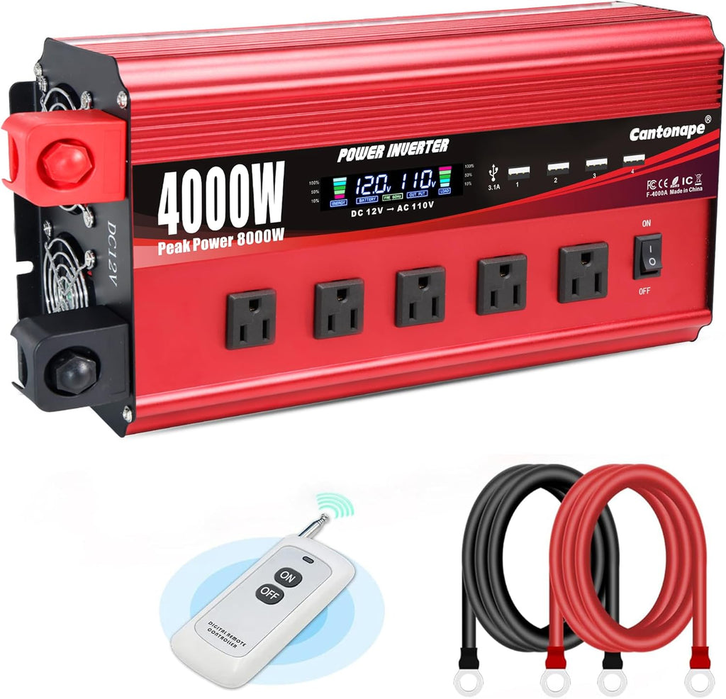 Cantonape 4000W Power Inverter 12V to 110V/120V DC to AC with LCD Display, Remote Controller 5 x AC Outlets and 4 x 3.1A USB Car Adapter for Car Truck Boat RV Solar System
