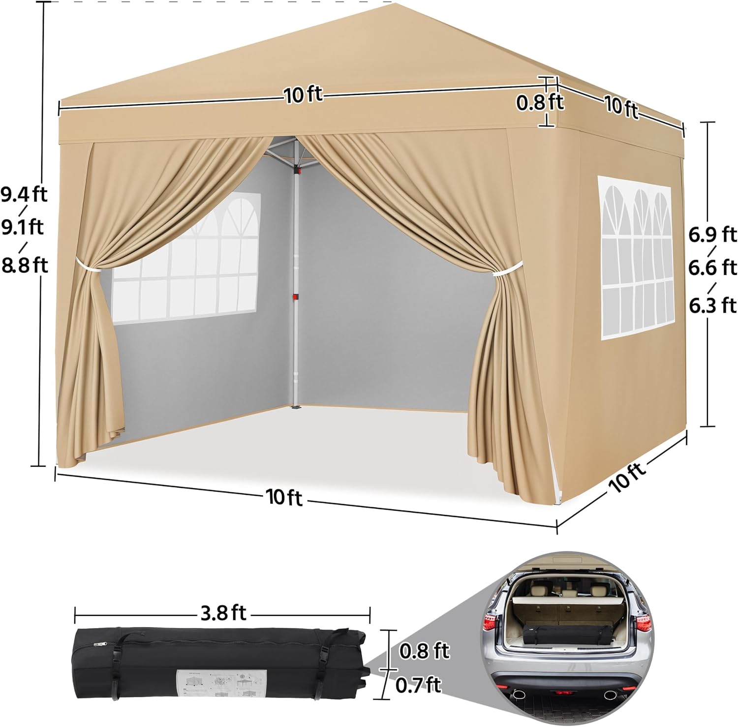 Yaheetech 10x10 Pop Up Canopy with 4 Removable Sidewalls, Portable Enclosed Instant Tent, Waterproof Outdoor Tent, Beach Sun Shelter with 4 Sandbags, 12 Stakes & 4 Ropes, Khaki