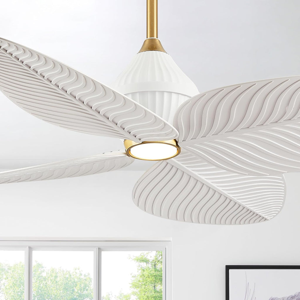 52' Tropical Ceiling Fans with Lights, Indoor Palm Leaf Ceiling Fan with Light and Remote for Living Room Bedroom, ABS Blades, Dimmable LED Lights, 6 Speeds, Adjustable Height-White Gold