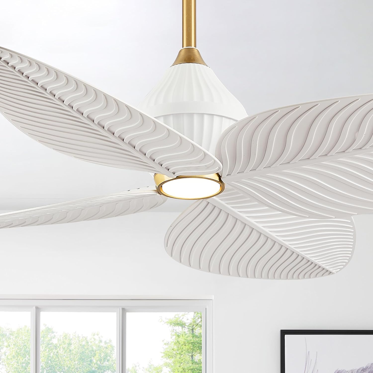 52' Tropical Ceiling Fans with Lights, Indoor Palm Leaf Ceiling Fan with Light and Remote for Living Room Bedroom, ABS Blades, Dimmable LED Lights, 6 Speeds, Adjustable Height-White Gold