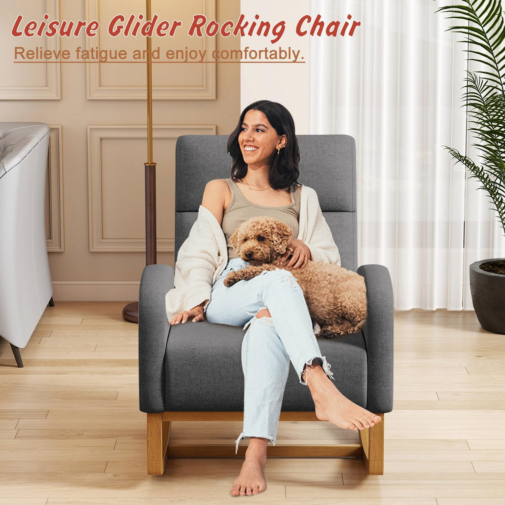 Gaussen Glider Rocking Chair Nursery Comfy Accent Chair with High Backrest Upholstered Living Room Chairs with Pocket Armchair Reading Chair for Bedroom Office (Grey)