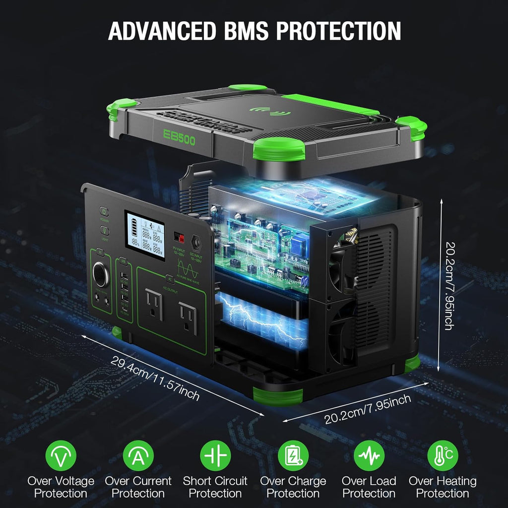 500W Portable Power Station 519Wh Solar Generator Backup Battery - Multi-Output Emergency Power Supply with 60W PD USB-C, QC3.0 USB-A, AC/DC/Car Ports & Wireless Charger for Camping, Home Outage