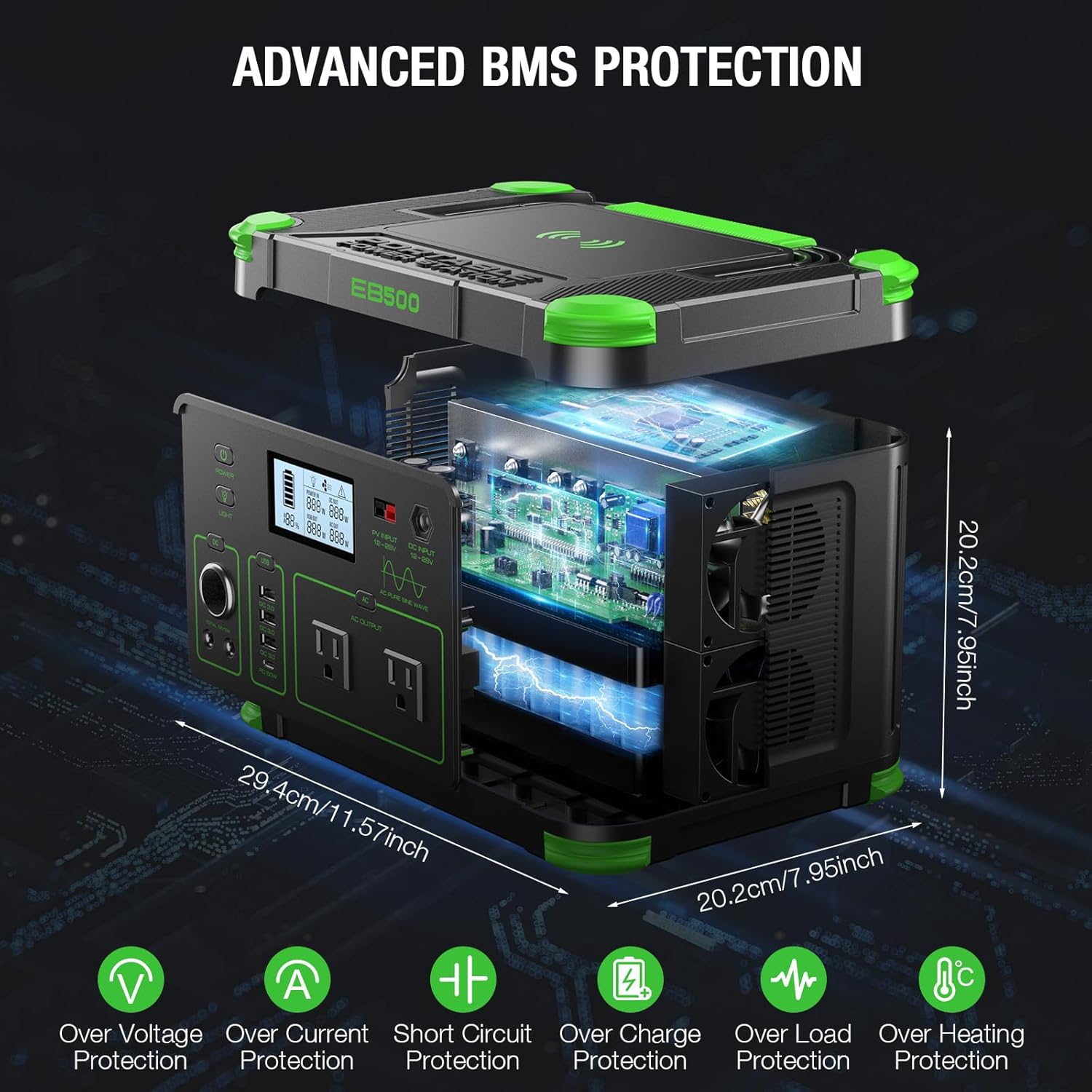 500W Portable Power Station 519Wh Solar Generator Backup Battery - Multi-Output Emergency Power Supply with 60W PD USB-C, QC3.0 USB-A, AC/DC/Car Ports & Wireless Charger for Camping, Home Outage