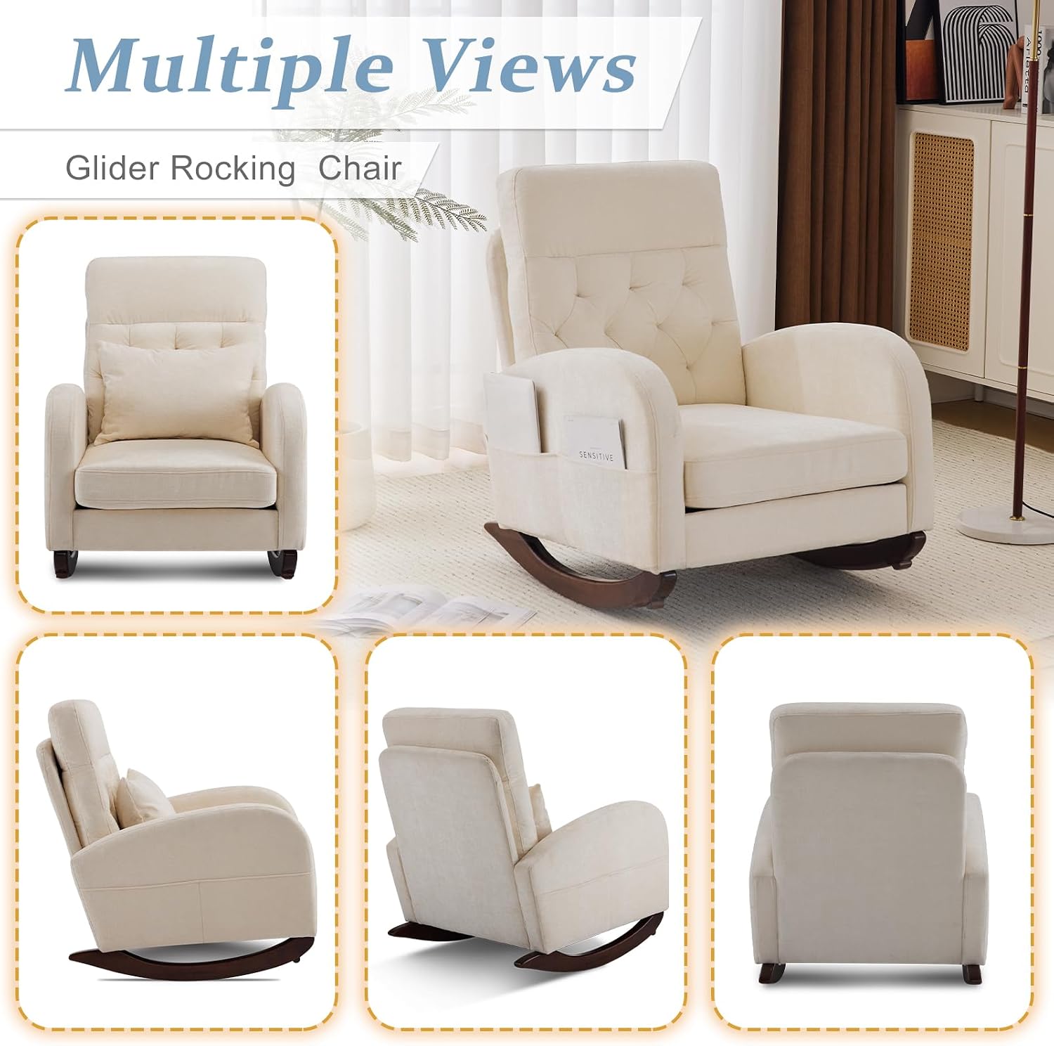 VINGLI Chenille Low Seat Rocking Chair,Upholstered Nursery Glider Chair with Side Pockets,Accent Arm Chair with High Backrest,Comfy Head Rest, and Solid Wood Base For Living Room Bedroom Balcony,Beige