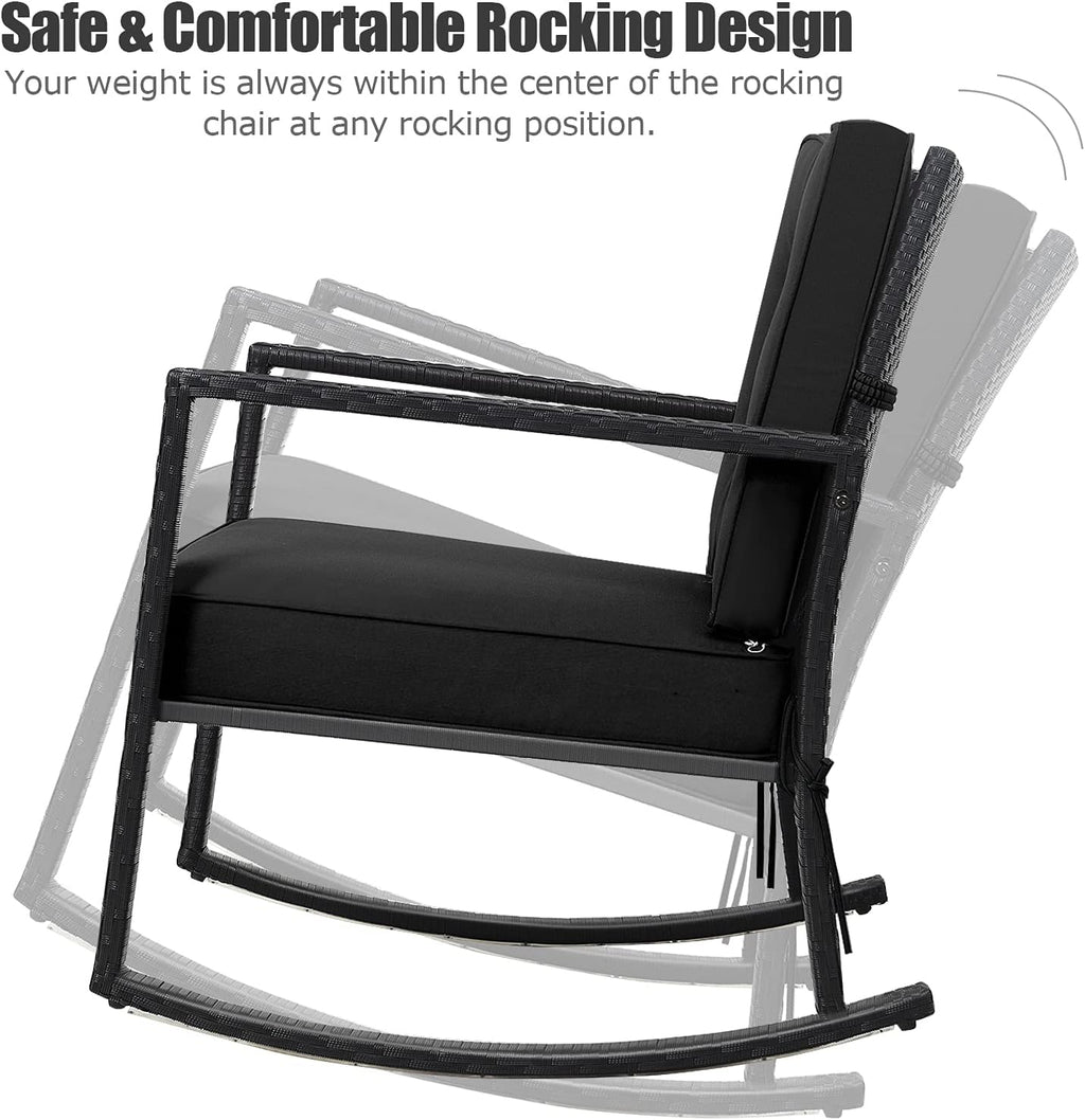 Tangkula Wicker Rocking Chair, Outdoor Glider Rattan Rocker Chair with Heavy-Duty Steel Frame, Patio Wicker Furniture Seat with 5' Thick Cushion for Garden, Porch, Backyard, Poolside (1, Black)
